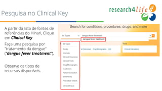 Pesquisa no Clinical Key
A partir da lista de fontes de
referências do Hinari, Clique
em Clinical Key
Faça uma pesquisa por
"tratamento da dengue"
(“dengue fever treatment”).
Observe os tipos de
recursos disponíveis.
 