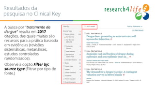 Resultados da
pesquisa no Clinical Key
A busca por "tratamento da
dengue" resulta em 2017
citações, das quais muitas são
recursos para a prática baseada
em evidências (revisões
sistemáticas, metanálises,
estudos controlados
randomizados).
Observe a opção Filter by:
source type (Filtrar por tipo de
fonte.)
 