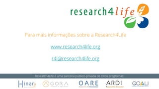 Para mais informações sobre a Research4Life
www.research4life.org
r4l@research4life.org
Research4Life é uma parceria público-privada de cinco programas:
 