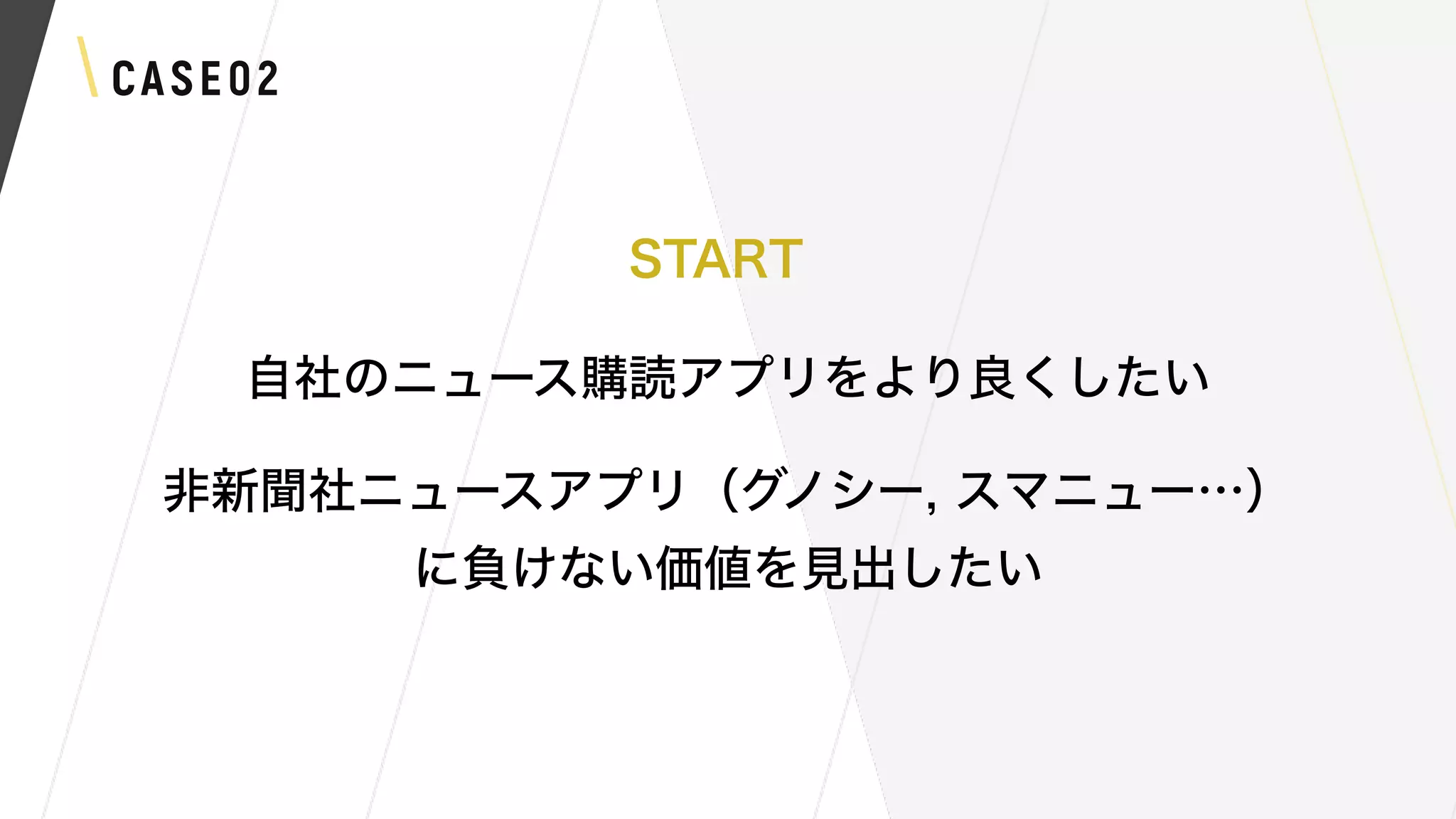 CASE02
自社のニュース購読アプリをより良くしたい
非新聞社ニュースアプリ（グノシー, スマニュー…）
に負けない価値を見出したい
START
 