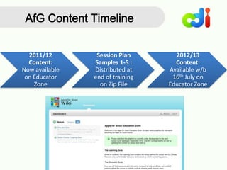 2011/12
Content:
Now available
on Educator
Zone
Session Plan
Samples 1-5 :
Distributed at
end of training
on Zip File
2012/13
Content:
Available w/b
16th July on
Educator Zone
AfG Content Timeline
 