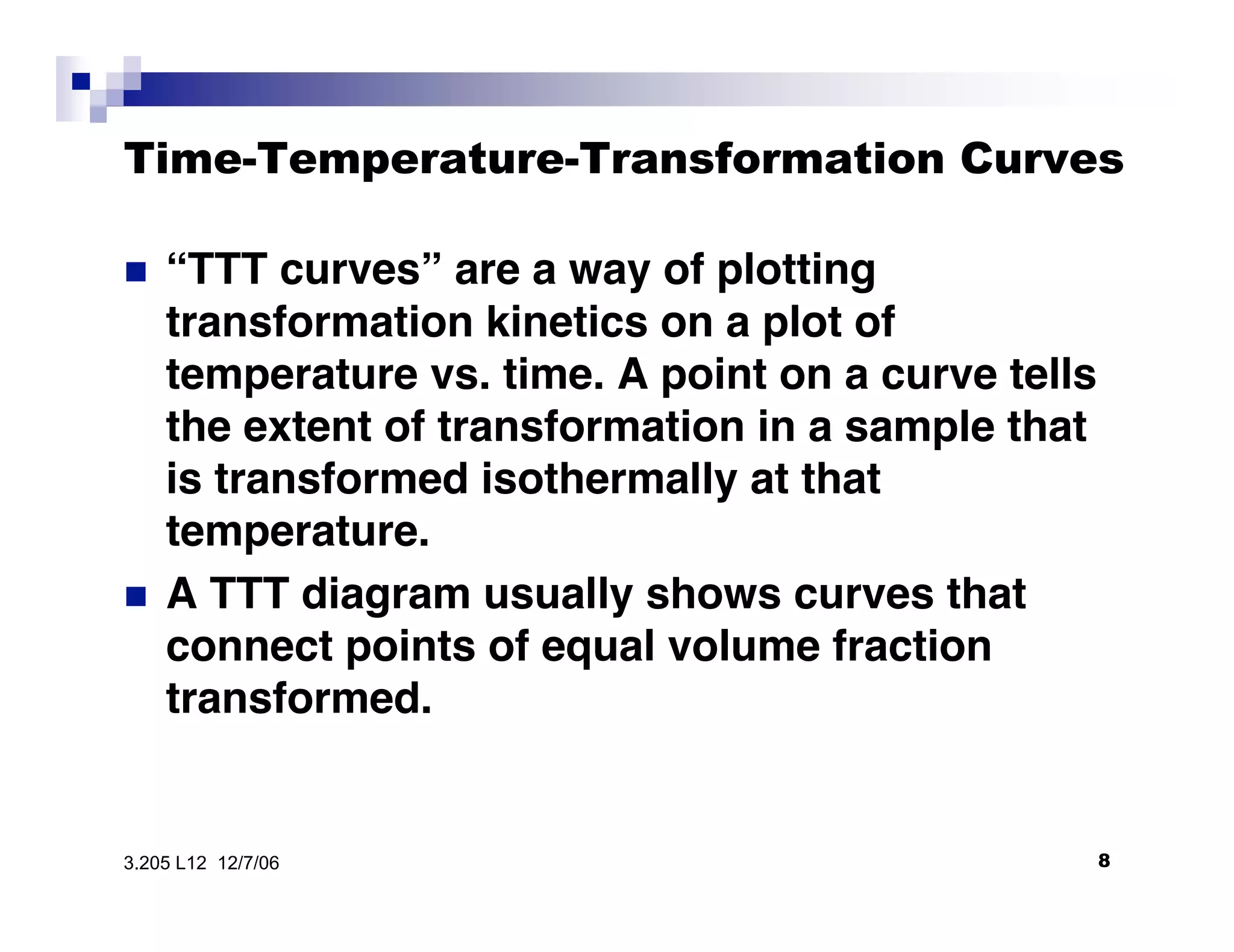 Time-Temperature-Transformation Curves

•  “TTT curves” are a way of plotting
transformation kinetics on a plot of
temperature vs. time. A point on a curve tells
the extent of transformation in a sample that
is transformed isothermally at that
temperature.
•  A TTT diagram usually shows curves that
connect points of equal volume fraction
transformed.
83.205 L12 12/7/06
 
