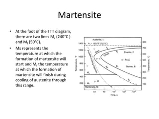Martensite
• At the foot of the TTT diagram,
there are two lines Ms (240°C )
and Mf (50°C).
• Ms represents the
temperature at which the
formation of martensite will
start and Mf the temperature
at which the formation of
martensite will finish during
cooling of austenite through
this range.
 