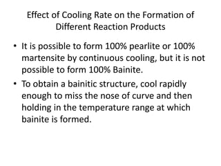 Effect of Cooling Rate on the Formation of
Different Reaction Products
• It is possible to form 100% pearlite or 100%
martensite by continuous cooling, but it is not
possible to form 100% Bainite.
• To obtain a bainitic structure, cool rapidly
enough to miss the nose of curve and then
holding in the temperature range at which
bainite is formed.
 