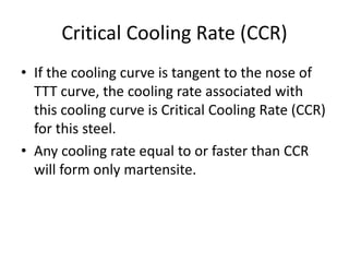 Critical Cooling Rate (CCR)
• If the cooling curve is tangent to the nose of
TTT curve, the cooling rate associated with
this cooling curve is Critical Cooling Rate (CCR)
for this steel.
• Any cooling rate equal to or faster than CCR
will form only martensite.
 