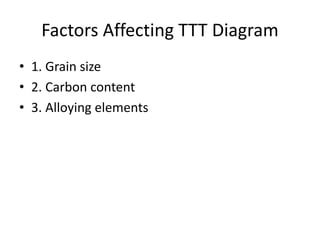 Factors Affecting TTT Diagram
• 1. Grain size
• 2. Carbon content
• 3. Alloying elements
 