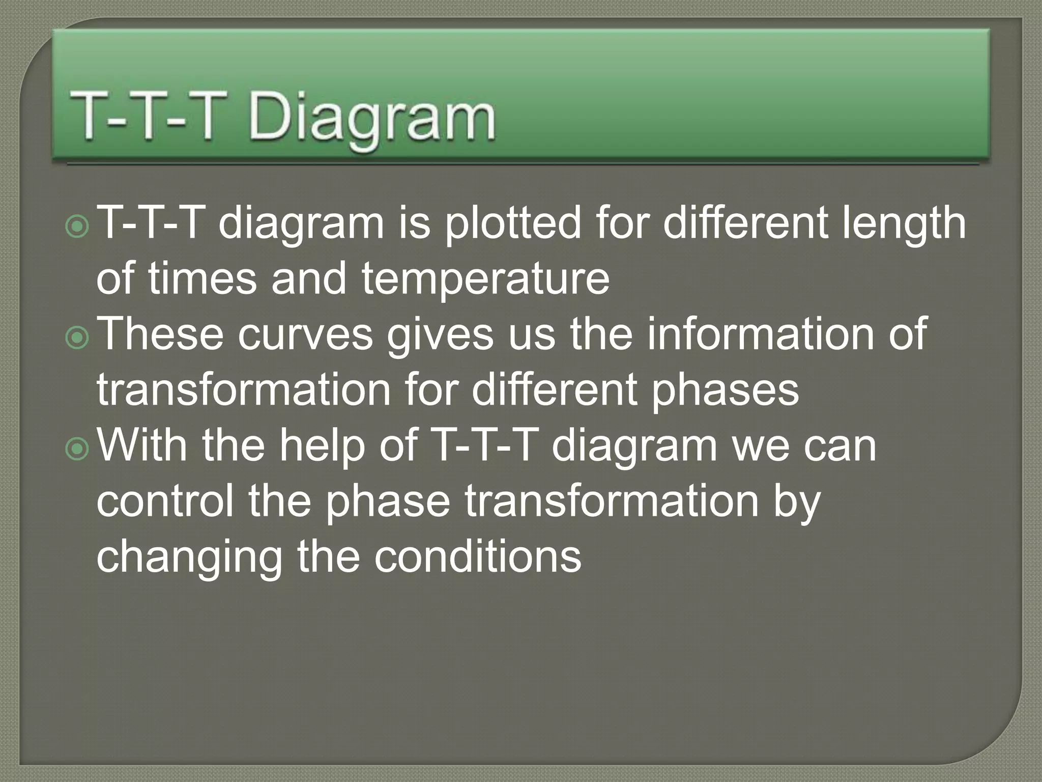 T-T-T diagram is plotted for different length
of times and temperature
These curves gives us the information of
transformation for different phases
With the help of T-T-T diagram we can
control the phase transformation by
changing the conditions
 