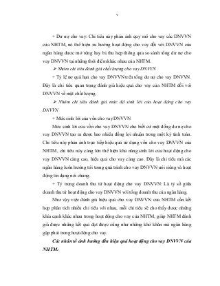 v
+ Dư nợ cho vay: Chỉ tiêu này phản ánh quy mô cho vay các DNVVN
của NHTM, nó thể hiện xu hướng hoạt động cho vay đối với DNVVN của
ngân hàng được mở rộng hay bị thu hẹp thông qua so sánh tổng dư nợ cho
vay DNVVN tại những thời điểm khác nhau của NHTM.
 Nhóm chỉ tiêu đánh giá chất lượng cho vay DNVVN
+ Tỷ lệ nợ quá hạn cho vay DNVVN trên tổng dư nợ cho vay DNVVN.
Đây là chỉ tiêu quan trọng đánh giá hiệu quả cho vay của NHTM đối với
DNVVN về mặt chất lượng.
 Nhóm chỉ tiêu đánh giá mức độ sinh lời của hoạt động cho vay
DNVVN
+ Mức sinh lời của vốn cho vay DNVVN
Mức sinh lời của vốn cho vay DNVVN cho biết cứ một đồng dư nợ cho
vay DNVVN tạo ra được bao nhiêu đồng lợi nhuận trong một kỳ tính toán.
Chỉ tiêu này phản ánh trực tiếp hiệu quả sử dụng vốn cho vay DNVVN của
NHTM, chỉ tiêu này càng lớn thể hiện khả năng sinh lời của hoạt động cho
vay DNVVN càng cao, hiệu quả cho vay càng cao. Đây là chỉ tiêu mà các
ngân hàng luôn hướng tới trong quá trình cho vay DNVVN nói riêng và hoạt
động tín dụng nói chung.
+ Tỷ trọng doanh thu từ hoạt động cho vay DNVVN: Là tỷ số giữa
doanh thu từ hoạt động cho vay DNVVN với tổng doanh thu của ngân hàng.
Như vậy việc đánh giá hiệu quả cho vay DNVVN của NHTM cần kết
hợp phân tích nhiều chỉ tiêu với nhau, mỗi chỉ tiêu sẽ cho thấy được những
khía cạnh khác nhau trong hoạt động cho vay của NHTM, giúp NHTM đánh
giá được những kết quả đạt được cũng như những khó khăn mà ngân hàng
gặp phải trong hoạt động cho vay.
Các nhân tố ảnh hưởng đến hiệu quả hoạt động cho vay DNVVN của
NHTM:
 