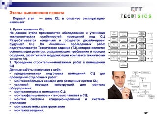 37
Этапы выполнения проекта
Первый этап — ввод СЦ в опытную эксплуатацию,
включает:
1. Проектирование СЦ
На данном этапе производится обследование и уточнение
технологических особенностей помещений под СЦ.
Разрабатывается концепция и создается дизайн-проект
будущего СЦ. На основании проведенных работ
подготавливается Техническое задание (ТЗ), которое является
основным документом, определяющим требования и порядок
создания, развития или модернизации комплекса технических
средств СЦ.
2. Проведение строительно-монтажных работ в помещениях
СЦ
Данные работы включают в себя:
• предварительная подготовка помещений СЦ для
проведения отделочных работ;
• монтаж кабельных каналов для различных систем СЦ;
• усилений несущих конструкций для монтажа
оборудования;
• монтаж потолка в помещении СЦ;
• монтаж фальш-полов и стеновых панелей в СЦ;
• монтаж системы кондиционирования и системы
отопления;
• монтаж системы электропитания
• монтаж освещения;
 