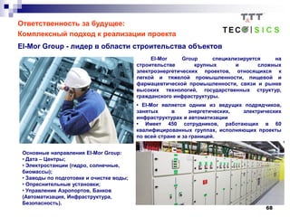 68
Ответственность за будущее:
Комплексный подход к реализации проекта
El-Mor Group - лидер в области строительства объектов
El-Mor Group специализируется на
строительстве крупных и сложных
электроэнергетических проектов, относящихся к
легкой и тяжелой промышленности, пищевой и
фармацевтической промышленности, связи и рынке
высоких технологий, государственных структур,
гражданского инфраструктуры.
• El-Mor является одним из ведущих подрядчиков,
занятых в энергетических, электрических
инфраструктурах и автоматизации
• Имеет 450 сотрудников, работающих в 60
квалифицированных группах, исполняющих проекты
по всей стране и за границей.
Основные направления El-Mor Group:
• Дата – Центры;
• Электростанции (гидро, солнечные,
биомассы);
• Заводы по подготовке и очистке воды;
• Опреснительные установки;
• Управление Аэропортов, Банков
(Автоматизация, Инфраструктура,
Безопасность).
 