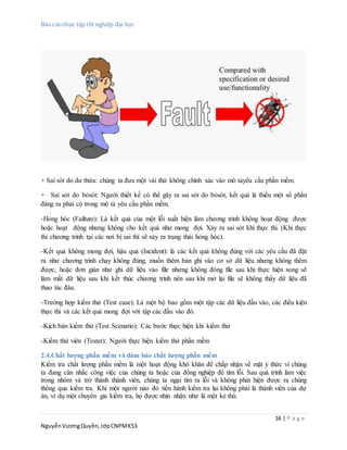 Báo cáo thực tập tốt nghiệp đại học
16 | P a g e
NguyễnVươngQuyền,lớpCNPMK53
+ Sai sót do dư thừa: chúng ta đưa một vài thứ không chính xác vào mô tảyêu cầu phần mềm.
+ Sai sót do bỏsót: Người thiết kế có thể gây ra sai sót do bỏsót, kết quả là thiếu một số phần
đáng ra phải có trong mô tả yêu cầu phần mềm.
-Hỏng hóc (Failture): Là kết quả của một lỗi xuất hiện làm chương trình không hoạt động được
hoặc hoạt động nhưng không cho kết quả như mong đợi. Xảy ra sai sót khi thực thi. (Khi thực
thi chương trình tại các nơi bị sai thì sẽ xảy ra trạng thái hỏng hóc).
-Kết quả không mong đợi, hậu quả (Incident): là các kết quả không đúng với các yêu cầu đã đặt
ra như chương trình chạy không đúng, muốn thêm bản ghi vào cơ sở dữ liệu nhưng không thêm
được, hoặc đơn giản như ghi dữ liệu vào file nhưng không đóng file sau khi thực hiện xong sẽ
làm mất dữ liệu sau khi kết thúc chương trình nên sau khi mở lại file sẽ không thấy dữ liệu đã
thao tác đâu.
-Trường hợp kiểm thử (Test case): Là một bộ bao gồm một tập các dữ liệu đầu vào, các điều kiện
thực thi và các kết quả mong đợi với tập các đầu vào đó.
-Kịch bản kiểm thử (Test Scenario): Các bước thực hiện khi kiểm thử
-Kiểm thử viên (Tester): Người thực hiện kiểm thử phần mềm
2.4.Chất lượng phần mềm và đảm bảo chất lượng phần mềm
Kiểm tra chất lượng phần mềm là một hoạt động khó khăn để chấp nhận về mặt ý thức vì chúng
ta đang cân nhắc công việc của chúng ta hoặc của đồng nghiệp để tìm lỗi. Sau quá trình làm việc
trong nhóm và trở thành thành viên, chúng ta ngại tìm ra lỗi và không phát hiện được ra chúng
thông qua kiểm tra. Khi một người nào đó tiến hành kiểm tra lại không phải là thành viên của dự
án, ví dụ một chuyên gia kiểm tra, họ được nhìn nhận như là một kẻ thù.
 