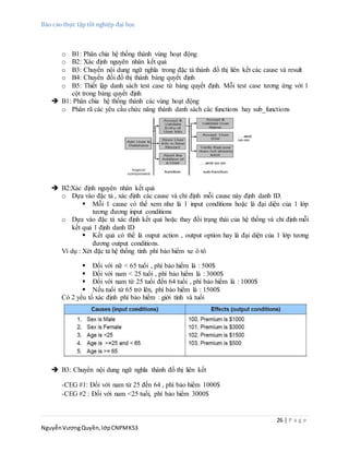 Báo cáo thực tập tốt nghiệp đại học
26 | P a g e
NguyễnVươngQuyền,lớpCNPMK53
o B1: Phân chia hệ thống thành vùng hoạt động
o B2: Xác định nguyên nhân kết quả
o B3: Chuyển nội dung ngữ nghĩa trong đặc tả thành đồ thị liên kết các cause và result
o B4: Chuyển đổi đồ thị thành bảng quyết định
o B5: Thiết lập danh sách test case từ bảng quyết định. Mỗi test case tương ứng với 1
cột trong bảng quyết định
 B1: Phân chia hệ thống thành các vùng hoạt động
o Phân rã các yêu cầu chức năng thành danh sách các functions hay sub_functions
 B2:Xác định nguyên nhân kết quả
o Dựa vào đặc tả , xác định các cause và chỉ định mỗi cause này định danh ID.
 Mỗi 1 cause có thể xem như là 1 input conditions hoặc là đại diện của 1 lớp
tương đương input conditions
o Dựa vào đặc tả xác định kết quả hoặc thay đổi trạng thái của hệ thống và chỉ định mỗi
kết quả 1 định danh ID
 Kết quả có thể là ouput action , output option hay là đại diện của 1 lớp tương
đương output conditions.
Ví dụ : Xét đặc tả hệ thống tính phí bảo hiểm xe ô tô
 Đối với nữ < 65 tuổi , phí bảo hiểm là : 500$
 Đối với nam < 25 tuổi , phí bảo hiểm là : 3000$
 Đối với nam từ 25 tuổi đến 64 tuổi , phí bảo hiểm là : 1000$
 Nếu tuổi từ 65 trở lên, phí bảo hiểm là : 1500$
Có 2 yếu tố xác định phí bảo hiểm : giới tính và tuổi
 B3: Chuyển nội dung ngữ nghĩa thành đồ thị liên kết
-CEG #1: Đối với nam từ 25 đến 64 , phí bảo hiểm 1000$
-CEG #2 : Đối với nam <25 tuổi, phí bảo hiểm 3000$
 