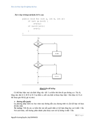 Báo cáo thực tập tốt nghiệp đại học
31 | P a g e
NguyễnVươngQuyền,lớpCNPMK53
. Xét ví dụ với đoạn mã lệnh JAVA sau:
public void foo (int a, int b, int x){
if (a>1 && b==0) {
x=x/a;}
if (a==2||x>1){
x=x+1;
}
}
Hình 8:Sơ đồ luồng
Có thể thực hiện mọi câu lệnh bằng việc viết 1 ca kiểm thử đơn đi qua đường ace. Tức là,
bằng việc đặt A=2, B=0 và X=3 tại điểm a, mỗi câu lệnh sẽ được thực hiện 1 lần (thực tế, X có
thể được gán bất kỳ giá trị nào).
 Đường dẫn (path)
Là phương pháp kiểm tra bao trùm mọi đường dẫn của chương trình và cần kết hợp với lược
đồ tiến trình.
Tư tưởng: Viết đủ các ca kiểm thử mà mỗi quyết định có kết luận đúng hay sai ít nhất 1 lần.
Nói cách khác, mỗi hướng phân nhánh phải được xem xét kỹ lưỡng ít nhất 1 lần.
 
