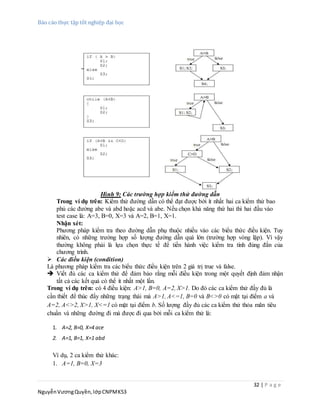 Báo cáo thực tập tốt nghiệp đại học
32 | P a g e
NguyễnVươngQuyền,lớpCNPMK53
Hình 9: Các trường hợp kiểm thử đường dẫn
Trong ví dụ trên: Kiểm thử đường dẫn có thể đạt được bởi ít nhất hai ca kiểm thử bao
phủ các đường abe và abd hoặc acd và abe. Nếu chọn khả năng thứ hai thì hai đầu vào
test case là: A=3, B=0, X=3 và A=2, B=1, X=1.
Nhận xét:
Phương pháp kiểm tra theo đường dẫn phụ thuộc nhiều vào các biểu thức điều kiện. Tuy
nhiên, có những trường hợp số lượng đường dẫn quá lớn (trường hợp vòng lặp). Vì vậy
thường không phải là lựa chọn thực tế để tiến hành việc kiểm tra tính đúng đắn của
chương trình.
 Các điều kiện (condition)
Là phương pháp kiểm tra các biểu thức điều kiện trên 2 giá trị true và false.
 Viết đủ các ca kiểm thử để đảm bảo rằng mỗi điều kiện trong một quyết định đảm nhận
tất cả các kết quả có thể ít nhất một lần.
Trong ví dụ trên: có 4 điều kiện: A>1, B=0, A=2, X>1. Do đó các ca kiểm thử đầy đủ là
cần thiết để thúc đẩy những trạng thái mà A>1, A<=1, B=0 và B<>0 có mặt tại điểm a và
A=2, A<>2, X>1, X<=1 có mặt tại điểm b. Số lượng đầy đủ các ca kiểm thử thỏa mãn tiêu
chuẩn và những đường đi mà được đi qua bởi mỗi ca kiểm thử là:
1. A=2, B=0, X=4 ace
2. A=1, B=1, X=1 abd
Ví dụ, 2 ca kiểm thử khác:
1. A=1, B=0, X=3
 