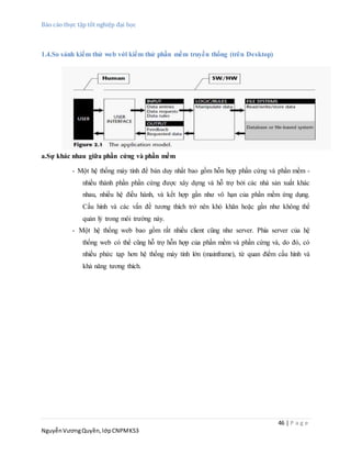 Báo cáo thực tập tốt nghiệp đại học
46 | P a g e
NguyễnVươngQuyền,lớpCNPMK53
1.4.So sánh kiểm thử web với kiểm thử phần mềm truyền thống (trên Desktop)
a.Sự khác nhau giữa phần cứng và phần mềm
- Một hệ thống máy tính để bàn duy nhất bao gồm hỗn hợp phần cứng và phần mềm -
nhiều thành phần phần cứng được xây dựng và hỗ trợ bởi các nhà sản xuất khác
nhau, nhiều hệ điều hành, và kết hợp gần như vô hạn của phần mềm ứng dụng.
Cấu hình và các vấn đề tương thích trở nên khó khăn hoặc gần như không thể
quản lý trong môi trường này.
- Một hệ thống web bao gồm rất nhiều client cũng như server. Phía server của hệ
thống web có thể cũng hỗ trợ hỗn hợp của phần mềm và phần cứng và, do đó, có
nhiều phức tạp hơn hệ thống máy tính lớn (mainframe), từ quan điểm cấu hình và
khả năng tương thích.
 