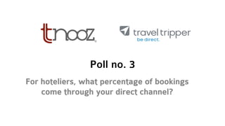 Poll no. 3
For hoteliers, what percentage of bookings
come through your direct channel?
 
