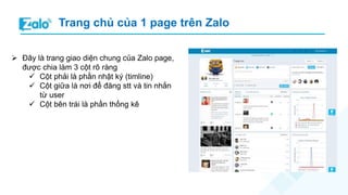 Trang chủ của 1 page trên Zalo 
 Đây là trang giao diện chung của Zalo page, 
được chia làm 3 cột rõ ràng 
 Cột phải là phần nhật ký (timline) 
 Cột giữa là nơi để đăng stt và tin nhắn 
từ user 
 Cột bên trái là phần thống kê 
 