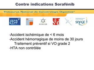 -Accident ischémique de < 6 mois
-Accident hémorragique de moins de 30 jours
Traitement préventif si VO grade 2
-HTA non contrôlée
Contre indications Sorafénib
 