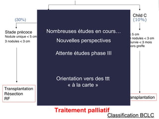 Classification BCLC
Traitement palliatif
Stade avancé
Invasion porte
Métastase extra
hépatique
OMS 1 - 2
SorafénibChimioembolisation
OMS 0
Nombreuses études en cours…
Nouvelles perspectives
Attente études phase III
Orientation vers des ttt
« à la carte »
 
