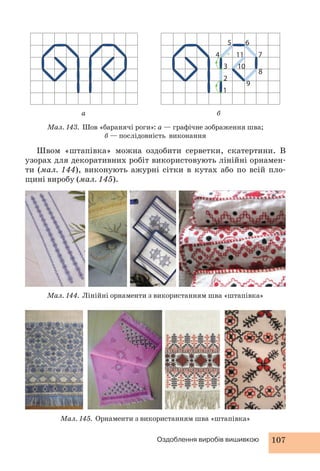 4 
а б 
3 
2 
1 
5 6 
7 
8 
9 
11 
10 
Мал. 143. Шов «баранячі роги»: а — графічне зображення шва; 
б — послідовність виконання 
Швом «штапівка» можна оздобити серветки, скатертини. В 
узорах для декоративних робіт використовують лінійні орнамен- 
ти (мал. 144), виконують ажурні сітки в кутах або по всій пло- 
щині виробу (мал. 145). 
Мал. 144. Лінійні орнаменти з використанням шва «штапівка» 
Мал. 145. Орнаменти з використанням шва «штапівка» 
Оздоблення виробів вишивкою 107 
 