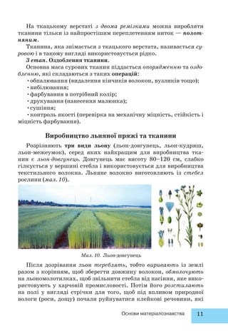На ткацькому верстаті з двома ремізками можна виробляти 
тканини тільки із найпростішим переплетенням ниток — полот- 
няним. 
Тканина, яка знімається з ткацького верстата, називається су- 
ровою і в такому вигляді використовується рідко. 
3 етап. Оздоблення тканини. 
Основна маса сурових тканин піддається опорядженню та оздо- 
бленню, які складаються з таких операцій: 
•обпалювання (видалення кінчиків волокон, вузликів тощо); 
•вибілювання; 
•фарбування в потрібний колір; 
•друкування (нанесення малюнка); 
•сушіння; 
•контроль якості (перевірка на механічну міцність, стійкість і 
Мал. 10. Льон-довгунець 
Після дозрівання льон тереблять, тобто виривають із землі 
разом з корінням, щоб зберегти довжину волокон, обмолочують 
на льономолотилках, щоб звільнити стебла від насіння, яке вико- 
ристовують у харчовій промисловості. Потім його розстилають 
на полі у вигляді стрічки для того, щоб під впливом природної 
вологи (роси, дощу) почали руйнуватися клейкові речовини, які 
Основи матеріалознавства 11 
міцність фарбування). 
Виробництво льняної пряжі та тканини 
Розрізняють три види льону (льон-довгунець, льон-кудряш, 
льон-межеумок), серед яких найкращим для виробництва тка- 
нин є льон-довгунець. Довгунець має висоту 80–120 см, слабко 
гілкується у вершині стебла і використовується для виробництва 
текстильного волокна. Льняне волокно виготовляють із стебел 
рослини (мал. 10). 
 