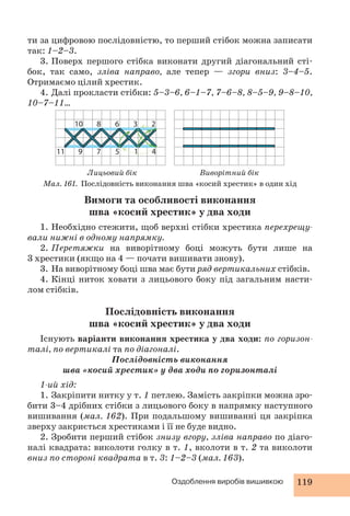 ти за цифровою послідовністю, то перший стібок можна записати 
так: 1–2–3. 
3. Поверх першого стібка виконати другий діагональний сті- 
бок, так само, зліва направо, але тепер — згори вниз: 3–4–5. 
Отримаємо цілий хрестик. 
4. Далі прокласти стібки: 5–3–6, 6–1–7, 7–6–8, 8–5–9, 9–8–10, 
3 2 
1 
6 
5 4 
8 
7 
Лицьовий бік Виворітний бік 
Оздоблення виробів вишивкою 119 
10–7–11… 
10 
9 
11 
Мал. 161. Послідовність виконання шва «косий хрестик» в один хід 
Вимоги та особливості виконання 
шва «косий хрестик» у два ходи 
1. Необхідно стежити, щоб верхні стібки хрестика перехрещу- 
вали нижні в одному напрямку. 
2. Перетяжки на виворітному боці можуть бути лише на 
3 хрестики (якщо на 4 — почати вишивати знову). 
3. На виворітному боці шва має бути ряд вертикальних стібків. 
4. Кінці ниток ховати з лицьового боку під загальним насти- 
лом стібків. 
Послідовність виконання 
шва «косий хрестик» у два ходи 
Існують варіанти виконання хрестика у два ходи: по горизон- 
талі, по вертикалі та по діагоналі. 
Послідовність виконання 
шва «косий хрестик» у два ходи по горизонталі 
1-ий хід: 
1. Закріпити нитку у т. 1 петлею. Замість закріпки можна зро- 
бити 3–4 дрібних стібки з лицьового боку в напрямку наступного 
вишивання (мал. 162). При подальшому вишиванні ця закріпка 
зверху закриється хрестиками і її не буде видно. 
2. Зробити перший стібок знизу вгору, зліва направо по діаго- 
налі квадрата: виколоти голку в т. 1, вколоти в т. 2 та виколоти 
вниз по стороні квадрата в т. 3: 1–2–3 (мал. 163). 
 