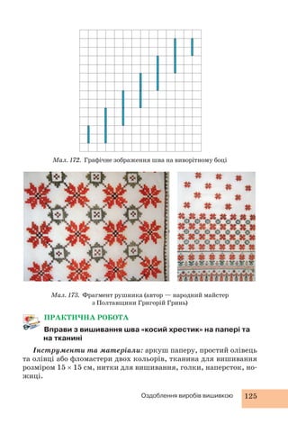 Мал. 172. Графічне зображення шва на виворітному боці 
Мал. 173. Фрагмент рушника (автор — народний майстер 
з Полтавщини Григорій Гринь) 
ПРАКТИЧНА РОБОТА 
Вправи з вишивання шва «косий хрестик» на папері та 
на тканині 
Інструменти та матеріали: аркуш паперу, простий олівець 
та олівці або фломастери двох кольорів, тканина для вишивання 
розміром 15 × 15 см, нитки для вишивання, голки, наперсток, но- 
жиці. 
Оздоблення виробів вишивкою 125 
 