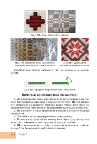 132 Розділ 2 
Мал. 192. Узор, обшитий штапівкою 
Мал. 193. Вишивка швом «качалочки» 
льняними нитками на льняній тканині 
Мал. 194. Двоколірна 
вишивка швом«качалочки» 
Графічно шов можна зобразити так, як показано на малюн- 
ку 195. 
Мал. 195. Графічне зображення шва «качалочки» 
Вимоги до виконання шва «качалочки» 
1. Для вишивання швом «качалочки» беруть тканину полотня- 
ного переплетення з простою і чіткою структурою. Нитки добира- 
ють відповідно до щільності тканини таким чином, щоб після на- 
стилання стібків «качалочки» між ними не було видно просвітів. 
2. На початку і в кінці вишивання необхідно акуратно сховати 
кінці ниток. 
3. Усі стібки вишивати паралельно один одному. 
4. Кожен наступний стібок виконувати через одну нитку тка- 
нини так, щоб вони щільно прилягали один до одного. 
5. Шов «качалочки» потребує уважного виконання, щоб ви- 
шивка була бездоганною з обох боків тканини. 
 