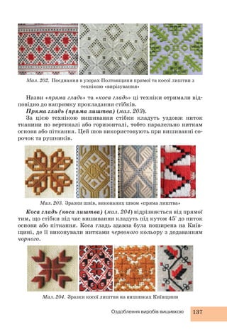 Мал. 202. Поєднання в узорах Полтавщини прямої та косої лиштви з 
технікою «вирізування» 
Назви «пряма гладь» та «коса гладь» ці техніки отримали від- 
повідно до напрямку прокладання стібків. 
Пряма гладь (пряма лиштва) (мал. 203). 
За цією технікою вишивання стібки кладуть уздовж ниток 
тканини по вертикалі або горизонталі, тобто паралельно ниткам 
основи або піткання. Цей шов використовують при вишиванні со- 
рочок та рушників. 
Мал. 203. Зразки швів, виконаних швом «пряма лиштва» 
Коса гладь (коса лиштва) (мал. 204) відрізняється від прямої 
тим, що стібки під час вишивання кладуть під кутом 45° до ниток 
основи або піткання. Коса гладь здавна була поширена на Київ- 
щині, де її виконували нитками червоного кольору з додаванням 
чорного. 
Мал. 204. Зразки косої лиштви на вишивках Київщини 
Оздоблення виробів вишивкою 137 
 