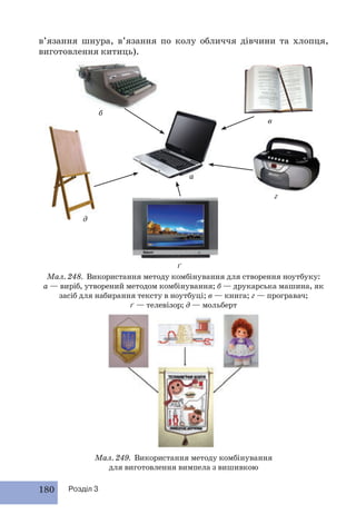 в’язання шнура, в’язання по колу обличчя дівчини та хлопця, 
виготовлення китиць). 
180 Розділ 3 
б 
в 
г 
ґ 
д 
а 
Мал. 248. Використання методу комбінування для створення ноутбуку: 
а — виріб, утворений методом комбінування; б — друкарська машина, як 
засіб для набирання тексту в ноутбуці; в — книга; г — програвач; 
ґ — телевізор; д — мольберт 
Мал. 249. Використання методу комбінування 
для виготовлення вимпела з вишивкою 
 