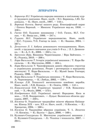 236 
ЛІТЕРАТУРА 
1. Боринець Н.І. Українська народна вишивка в шкільному кур- 
сі трудового навчання. Навч. посіб. / Н.І. Боринець, І.Ю. Хо- 
дзицька. — К.: Навч. посіб., 1997. — 144 с. 
2. Воропай Олекса. Звичаї нашого роду. Етнографічний нарис 
/ Олекса Воропай. — Мюнхен: Українське вид-во, 1958. — 
456 с. 
3. Гасюк О.О. Художнє вишивання / О.О. Гасюк, М.Г. Сте- 
пан. — К.: Вища шк., 1986. — 247 с. 
4. Глушко М.С. Українське народознавство. Навч. посіб. 
/ М.С. Глушко, Т.О. Гонтар та інші. — К.: Знання, 2004. — 
567 с. 
5. Денисенко Л. І. Азбука домашнього господарювання. Навч. 
посіб. з трудового навчання для учнів 5–9 кл. / Л. І. Денисен- 
ко. — К.: А. С. К., 2003. — 232 с.: іл. 
6. Зайченко Віра. Вишивка Чернігівщини / Віра Зайченко. — 
К.: Родовід, 2010. — 208 с. 
7. Кара-Васильєва Т. Історія української вишивки / Т. Кара-Ва- 
сильєва. — К.: Мистецтво, 2008. — 464 с. 
8. Кара-Васильєва Т. Трансформація давніх образних структур 
в українських рушниках. Регрес і регенерація в народному 
мистецтві/ Т. Кара-Васильєва. — К.: Музей Івана Гончара; 
Родовід, 1998. — 328 с. 
9. Кара-Васильєва Т. Українська вишивка / Т. Кара-Васильєва, 
А. Чорноморець. — К.: Либідь, 2002. — 159 с. 
10. Климук Л.В. Технології виготовлення швейних виробів. 
Навч. посіб. / Л.В. Климук. — К.: Освіта, 1998. — 141 с. 
11. Ковалевський О.В. Українські традиції / О.В. Ковалевсь- 
кий. — Х.: Фоліо, 2006. — 573 с. 
12. Кондратович О.П. Українські звичаї: Народини. Коса ж 
моя… / О.П. Кондратович. — Луцьк: Волинська обласна дру- 
карня, 2007. — 240 с. 
13. Косміна О. Українське традиційне жіноче вбрання Київ щи- 
ни. Кінець XIX – поч. XX ст. Наоч. посіб. / О.Кос міна. — К.: 
Хрещатик, 1994. — 160 с. 
14. Косміна О. Традиційне вбрання українців. Т. 1. Лісостеп 
/ О. Косміна. — К.: Балтія — Друк, 2008. — 160 с. 
15. Кулинич-Стахурська О. Мистецтво української вишивки / 
О. Кулинич-Стахурська. – Л.: Техніка і технологія, 2007. — 
264 с. 
 