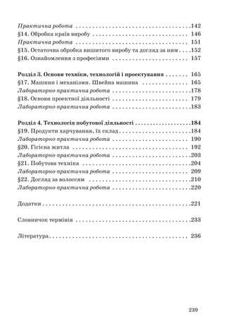 Практична робота . . . . . . . . . . . . . . . . . . . . . . . . . . . . . . . . . . .142 
§14. Обробка країв виробу . . . . . . . . . . . . . . . . . . . . . . . . . . . . . 146 
Практична робота . . . . . . . . . . . . . . . . . . . . . . . . . . . . . . . . . . 151 
§15. Остаточна обробка вишитого виробу та догляд за ним . . . .152 
§16. Ознайомлення з професіями . . . . . . . . . . . . . . . . . . . . . . . 157 
Розділ 3. Основи техніки, технологій і проектування . . . . . . . 165 
§17. Машини і механізми. Швейна машина . . . . . . . . . . . . . . 165 
Лабораторно-практична робота . . . . . . . . . . . . . . . . . . . . . . . .178 
§18. Основи проектної діяльності . . . . . . . . . . . . . . . . . . . . . . . 179 
Лабораторно-практична робота . . . . . . . . . . . . . . . . . . . . . . . .183 
Розділ 4. Технологія побутової діяльності . . . . . . . . . . . . . . . . . . .184 
§19. Продукти харчування, їх склад . . . . . . . . . . . . . . . . . . . . . .184 
Лабораторно-практична робота . . . . . . . . . . . . . . . . . . . . . . . 190 
§20. Гігієна житла . . . . . . . . . . . . . . . . . . . . . . . . . . . . . . . . . . . 192 
Лабораторно-практична робота . . . . . . . . . . . . . . . . . . . . . . . .203 
§21. Побутова техніка . . . . . . . . . . . . . . . . . . . . . . . . . . . . . . . . .204 
Лабораторно-практична робота . . . . . . . . . . . . . . . . . . . . . . . 209 
§22. Догляд за волоссям . . . . . . . . . . . . . . . . . . . . . . . . . . . . . . .210 
Лабораторно-практична робота . . . . . . . . . . . . . . . . . . . . . . . .220 
Додатки . . . . . . . . . . . . . . . . . . . . . . . . . . . . . . . . . . . . . . . . . . . . .221 
Словничок термінів . . . . . . . . . . . . . . . . . . . . . . . . . . . . . . . . . . .233 
Література. . . . . . . . . . . . . . . . . . . . . . . . . . . . . . . . . . . . . . . . . . 236 
239 
 