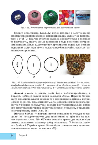 Мал. 36. Асортимент мерсеризованих бавовняних ниток 
Процес мерсеризації (мал. 37) ниток полягає в короткочасній 
обробці бавовняних волокон концентрованим лугом* за темпера- 
тури 15–18 °С. Під час обробки волокна зменшуються в довжину 
та набухають, стають більш гладкими з ледь помітним внутріш- 
нім каналом. Після цього бавовну промивають водою для повного 
видалення лугу, при цьому волокна ще більш ущільнюються, за- 
лишаючись рівними. 
1 2 3 4 
Мал. 37. Схематичний процес мерсеризації бавовняних ниток: 1 — волокно 
необробленої бавовни в розрізі; 2 — волокно після обробки лугом; 3 — волокно 
після промивання водою та висихання; 4 — мерсеризовані бавовняні нитки 
Льняні нитки з давніх часів були найпоширенішими в 
Україні. Вибілені льняні нитки називали «біль». Поряд із білими 
часто використовували червоні та з малиновим відтінком нитки. 
Висока міцність, термостійкість, а також збереження цих власти- 
востей у процесі експлуатації роблять популярними льняні нитки 
при виготовленні гарних вишитих виробів, особливо, в традицій- 
ному народному стилі (мал. 38). 
Вовняні нитки — кручені нитки незначної та середньої тов- 
щини, які використовують для вишивання на щільних та важ- 
ких тканинах (мал. 39). Об’ємна вовняна пряжа дає можливість 
швидко заповнити площину узору вишивкою. У багатьох регіо- 
нах Західної України традиційним було і залишається вишиван- 
ня саме вовняними нитками (мал. 40). 
34 Розділ 1 
 