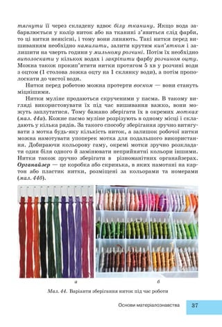 тягнути її через складену вдвоє білу тканину. Якщо вода за- 
барвлюється у колір ниток або на тканині з’явиться слід фарби, 
то ці нитки неякісні, і тому вони линяють. Такі нитки перед ви- 
шиванням необхідно намилити, залити крутим кип’ятком і за- 
лишити на чверть години у мильному розчині. Потім їх необхідно 
виполоскати у кількох водах і закріпити фарбу розчином оцту. 
Можна також прокип’ятити нитки протягом 5 хв у розчині води 
з оцтом (1 столова ложка оцту на 1 склянку води), а потім пропо- 
лоскати до чистої води. 
Нитки перед роботою можна протерти воском — вони стануть 
а б 
Основи матеріалознавства 37 
міцнішими. 
Нитки муліне продаються скрученими у пасма. В такому ви- 
гляді використовувати їх під час вишивання важко, вони мо- 
жуть заплутатися. Тому бажано зберігати їх в окремих мотках 
(мал. 44а). Кожне пасмо муліне розрізують в одному місці і скла- 
дають у кілька рядів. За такого способу зберігання зручно витягу- 
вати з мотка будь-яку кількість ниток, а залишок робочої нитки 
можна намотувати упоперек мотка для подальшого використан- 
ня. Добираючи кольорову гаму, окремі мотки зручно розклада- 
ти один біля одного й замінювати неприйнятні кольори іншими. 
Нитки також зручно зберігати в різноманітних органайзерах. 
Органайзер — це коробка або скринька, в яких намотані на кар- 
тон або пластик нитки, розміщені за кольорами та номерами 
(мал. 44б). 
Мал. 44. Варіанти зберігання ниток під час роботи 
 