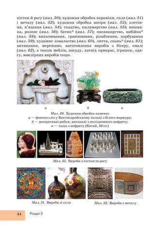 кістки й рогу (мал. 50); художня обробка кераміки, скла (мал. 51) 
і металу (мал. 52); художня обробка шкіри (мал. 53); плетін- 
ня, в’язання (мал. 54); ткацтво, килимарство (мал. 55); вишив- 
ка, розпис (мал. 56); батик* (мал. 57); писанкарство, вибійка* 
(мал. 58); випалювання, гравіювання, різьблення, карбування 
(мал. 59); художнє ковальство (мал. 60), лиття, скань* (мал. 61); 
витинанки, мереживо, виготовлення виробів з бісеру, емалі 
(мал. 62), а також меблів, посуду, хатніх прикрас, іграшок, одя- 
гу, ювелірних виробів тощо. 
44 Розділ 2 
а б в 
Мал. 49. Художня обробка каменю: 
а — фонтан сліз у Бахчисарайському палаці з білого мармуру; 
б — декоративні рибки, виконані з поліхромного нефриту; 
в — чаша з нефриту (Китай, 18 ст.) 
Мал. 50. Вироби з кістки та рогу 
Мал. 51. Вироби зі скла Мал. 52. Вироби з металу 
 