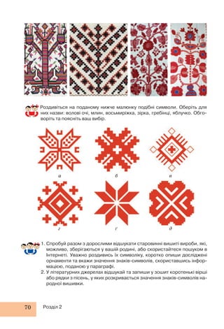 Роздивіться на поданому нижче малюнку подібні символи. Оберіть для 
них назви: волові очі, млин, восьмиріжка, зірка, гребінці, яблучко. Обго- 
воріть та поясніть ваш вибір. 
а 
70 Розділ 2 
б в 
г ґ д 
1. Спробуй разом з дорослими відшукати старовинні вишиті вироби, які, 
можливо, зберігаються у вашій родині, або скористайтеся пошуком в 
Інтернеті. Уважно роздивись їх символіку, коротко опиши досліджені 
орнаменти та вкажи значення знаків-символів, скориставшись інфор- 
мацією, поданою у параграфі. 
2. У літературних джерелах відшукай та запиши у зошит коротенькі вірші 
або рядки з пісень, у яких розкривається значення знаків-символів на- 
родної вишивки. 
 