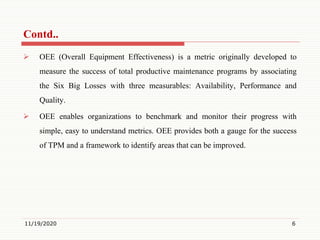  OEE (Overall Equipment Effectiveness) is a metric originally developed to
measure the success of total productive maintenance programs by associating
the Six Big Losses with three measurables: Availability, Performance and
Quality.
 OEE enables organizations to benchmark and monitor their progress with
simple, easy to understand metrics. OEE provides both a gauge for the success
of TPM and a framework to identify areas that can be improved.
11/19/2020 6
Contd..
 