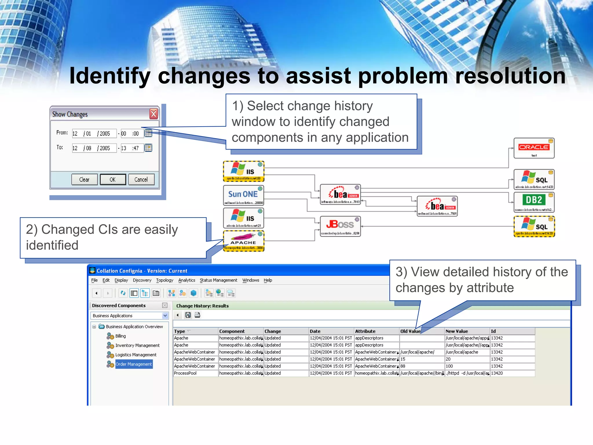 Identify changes to assist problem resolution 1) Select change history window to identify changed components in any application 2) Changed CIs are easily identified 3) View detailed history of the changes by attribute 