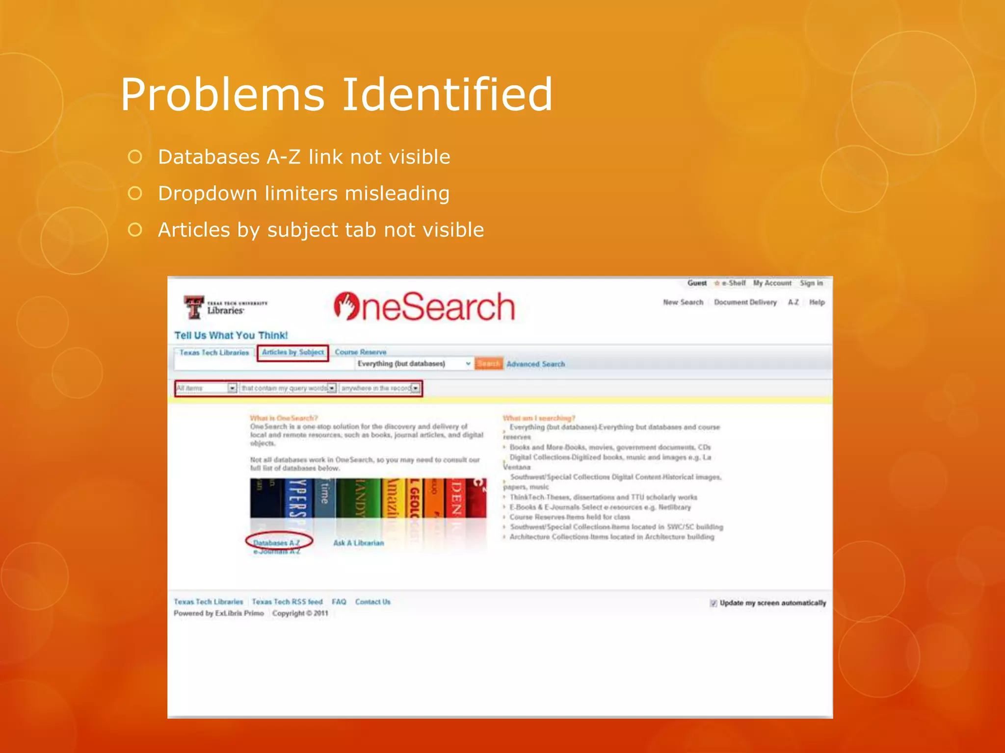 Problems Identified
 Databases A-Z link not visible
 Dropdown limiters misleading
 Articles by subject tab not visible
 