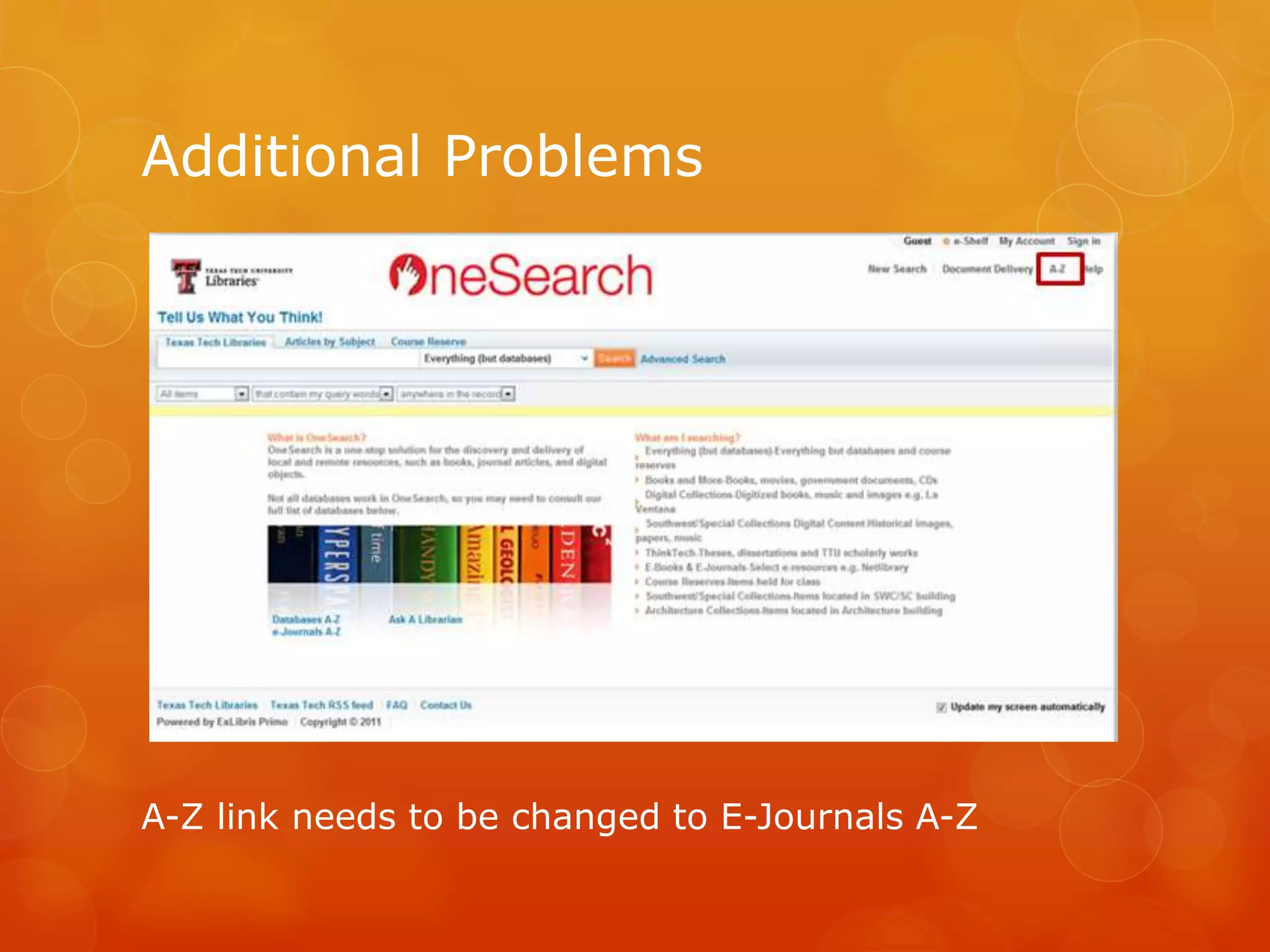 A-Z link needs to be changed to E-Journals A-Z
Additional Problems
 