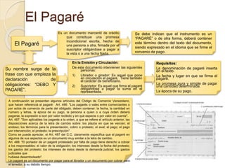 El Pagaré
El Pagaré
Es un documento mercantil de crédito
que constituye una promesa
incondicional escrita, hecha de
una persona a otra, firmada por el
suscriptor obligándose a pagar a
la vista o a una fecha fijada.
Se debe indican que el instrumento es un
“PAGARÉ” o de otra forma, deberá contener
este término dentro del texto del documento,
siendo expresado en el idioma que se firme el
convenio de pago.
Su nombre surge de la
frase con que empieza la
declaración de
obligaciones: “DEBO Y
PAGARÉ”.
En la Emisión y Circulación:
De este documento intervienen las siguientes
personas:
1) Librador o girador: Es aquel que pone
en circulación el pagaré. Tiene también
el carácter de beneficiario.
2) Suscriptor: Es aquel que firma el pagaré
obligándose a pagar la suma en el
representada.
Requisitos:
La denominación de pagaré inserta
en el texto.
La fecha y lugar en que se firma el
pagaré.
La promesa pura y simple de pagar
una cantidad determinada.
La época de su pago.
A continuación se presentan algunos artículos del Código de Comercio Venezolano,
que hacen referencia al pagaré: Art. 486: "Los pagarés o vales entre comerciantes o
por actos de comercio de parte del obligado, deben contener: la fecha, la cantidad en
número y letras, la época de su pago, la persona a quien o a cuya orden deberá
pagarse, la expresión si son por valor recibido y en qué especie o por valor en cuenta".
Art. 487: "Son aplicables los pagarés a la orden, a que se refiere el artículo anterior, las
disposiciones acerca de la letra de cambio sobre: los plazos en que se vencen; el
endoso; los términos para la presentación, cobro o protesto; el aval; el pago; el pago
por intervención; el protesto; la prescripción".
Como se puede apreciar, el Art. 487 del C.C. claramente especifica que el pagaré en
algunos de sus aspectos es un documento muy similar a la letra de cambio.
Art. 488: "El portador de un pagaré protestado por falta de pago tiene derecho a cobrar
a los responsables: el valor de la obligación; los intereses desde la fecha del protesto;
los gastos del protesto; los intereses de éstos desde la demanda judicial; los gastos
judiciales que
hubiese desembolsado".
Un pagaré es un documento por pagar para el librador y un documento por cobrar para
el tenedor, a su debido tiempo.
 