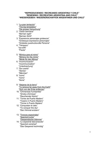 1
“REPRODUCIENDO / RECREANDO ARGENTINA Y CHILE”
“RENEWING / RECREATING ARGENTINA AND CHILE”
“WIEDERGEBEN / WIEDERERSCHAFFEN ARGENTINIEN UND CHILE”
1. “La gran tentación”
“The big temptation”
“Die grosse Versuchung”
2. “Visión berniana”
“Bernian sight”
“Bernian Sicht”
3. “Expresivos personajes grotescos”
“Grotesque expressive personajes”
“Groteske ausdrucksvolle Persone”
4. “Témpano”
“Ice-drift”
“Pauke”
5. “Mímica para el mimo”
“Mimicry for the mimic”
“Mimik für den Mimus”
6. “Incomunicación”
“Incommunication”
“Unterbrechung”
7. “De cuento”
“Stories”
“Märchen”
8. “Icono”
“Icono”
“Ikone”
9. “Alejarse de la tierra”
“To remove far away from the Earth”
“Sich von der Erde entfernen”
10. “Chimeneas humeantes”
“Smoky chimneys”
“Rauchender Kamin”
11. “Torres de Puerto Madero”
“Towers in Puerto Madero”
“Türme in Puerto Madero”
12. “Conquistar el cielo”
“To conquer the sky”
“Den Himmel erobern”
13. “Troncos espectrales”
“Spectral trunks”
“Gespenstische Stämme”
14. “Lo espectral desvanecido”
“Spectral vanished”
“Das Gespenst hochmütig”
 