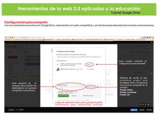 Herramientas de la web 2.0 aplicadas a la educación
Tutorial Google Drive
Configuración para compartir.
Una vez contenidos sus archivos en Google Drive, usted decide con quién compartirlos y el nivel de acceso dea estos documentos a otras personas
Este espacio es el
indicado para escribir los
destinatarios con quienes
compartirá sus archivos
Aquí puede cambiar la
configuración para compartir
Además de enviar el link,
p o d e m o s e l e g i r q u e
privilegios darle a la persona
con la que lo compartimos, el
invitado:
Puede editar,
Puede comentar
Puede ver
Luego de realizados estos pasos google le pedirá
confirmación para compartirsus archivos
 