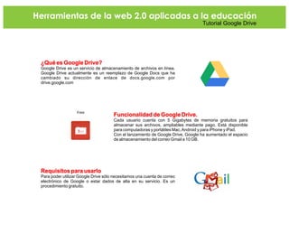 ¿Qué es Google Drive?
Google Drive es un servicio de almacenamiento de archivos en línea.
Google Drive actualmente es un reemplazo de Google Docs que ha
cambiado su dirección de enlace de docs.google.com por
drive.google.com
Funcionalidad de Google Drive.
Cada usuario cuenta con 5 Gigabytes de memoria gratuitos para
almacenar sus archivos, ampliables mediante pago. Está disponible
para computadoras y portátiles Mac,Android y para iPhone y iPad.
Con el lanzamiento de Google Drive, Google ha aumentado el espacio
de almacenamiento del correo Gmail a 10 GB.
Requisitos para usarlo
Para poder utilizar Google Drive sólo necesitamos una cuenta de correo
electrónico de Google o estar dados de alta en su servicio. Es un
procedimiento gratuito.
Herramientas de la web 2.0 aplicadas a la educación
Tutorial Google Drive
 