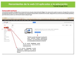 Herramientas de la web 2.0 aplicadas a la educación
Tutorial Google Drive
Como subir archivos
Los archivos se suben a Google Drive a través del icono situado al lado del botón Crear. Con esta opción puede incorporar a Google Drive archivos
procedentes del disco duro de su computador que quedarán almacenados virtualmente en la web, asegurando sus archivos ante posibles pérdidas y
permitiendole acceder a su información desde cualquier lugar.
En la opción Archivos puede
s e l e c c i o n a r d o c u m e n t o s
individualmente.
En la opción Carpeta puede
seleccionar carpetas con varios
archivos en su interior para subirlos en
bloque.
También puede descargar la aplicación
para utilizarla desde dispositivos
móviles o su computador para trabajar
sin necesidad de conección a internet.
 