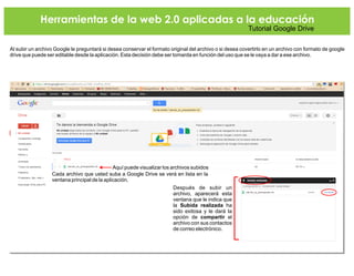 Herramientas de la web 2.0 aplicadas a la educación
Tutorial Google Drive
Al subir un archivo Google le preguntará si desea conservar el formato original del archivo o si desea covertirlo en un archivo con formato de google
drive que puede ser editable desde la aplicación. Esta decisión debe ser tomarda en función del uso que se le vaya a dar a ese archivo.
Cada archivo que usted suba a Google Drive se verá en lista en la
ventana principal de la aplicación.
Después de subir un
archivo, aparecerá esta
ventana que le indica que
la Subida realizada ha
sido exitosa y le dará la
opción de compartir el
archivo con sus contactos
de correo electrónico.
Aquí puede visualizar los archivos subidos
 