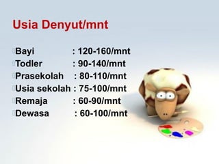 Usia Denyut/mnt
Bayi

: 120-160/mnt
Todler
: 90-140/mnt
Prasekolah : 80-110/mnt
Usia sekolah : 75-100/mnt
Remaja
: 60-90/mnt
Dewasa
: 60-100/mnt

 
