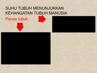 


SUHU TUBUH MENUNJUKKAN
KEHANGATAN TUBUH MANUSIA
Panas tubuh
Diproduksi : exercise

& metab mkn
Hilang :
melalui kulit, paru, &
produk sisa melalui
Proses radiasi,konduksi,
konveksi, evaporasi

 