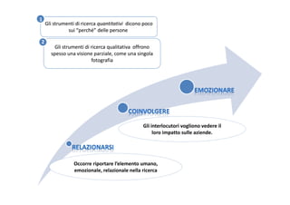 1
    Gli strumenti di ricerca quantitativi dicono poco
              sui “perché” delle persone.

2
        Gli strumenti di ricerca qualitativa offrono
      spesso una visione parziale, come una singola
                         fotografia
                              .




                                                Gli interlocutori vogliono vedere il
                                                     loro impatto sulle aziende.




                 Occorre riportare l’elemento umano,
                 emozionale, relazionale nella ricerca
 