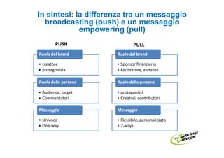 In sintesi: la differenza tra un messaggio
  broadcasting (push) e un messaggio
             empowering (pull)
        PUSH                   PULL
Ruolo del brand       Ruolo del brand

• creatore            • Sponsor finanziario
• protagonista        • Facilitatore, aiutante

Ruolo delle persone   Ruolo delle persone

• Audience, target    • protagonisti
• Commentatori        • Creatori, contributori

Messaggio             Messaggio

• Univoco             • Flessibile, personalizzato
• One-way             • 2-ways
 